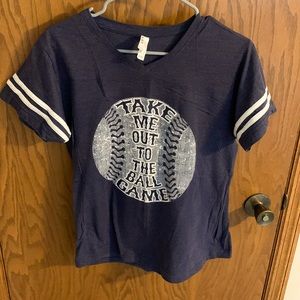 Womens Large navy blue Take Me Out to the Ballgame short sleeve baseball tee